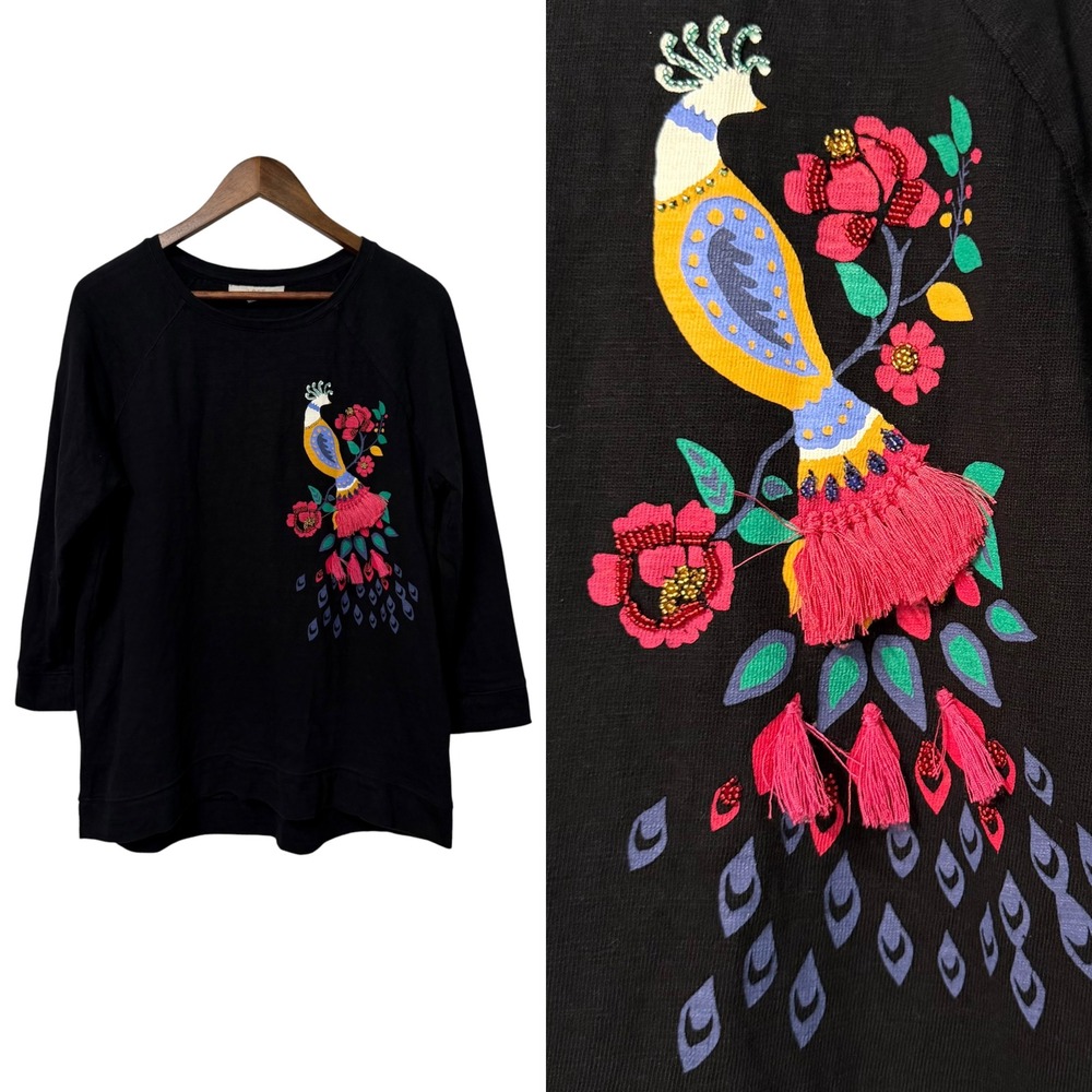 LOFT Sweatshirt Women Tunic Top Peacock Embroidered Tassel 3/4 Graphic Novelty